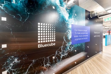 new bluecube branding on internal wall in our milton keynes office