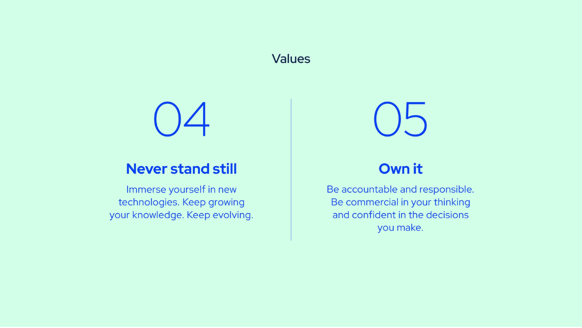 bluecube's values: 4) never stand still, 5) own it