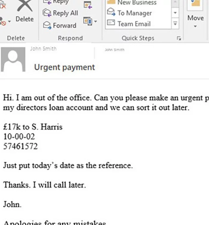 Important email highlighting point of never issuing a payment based on an email