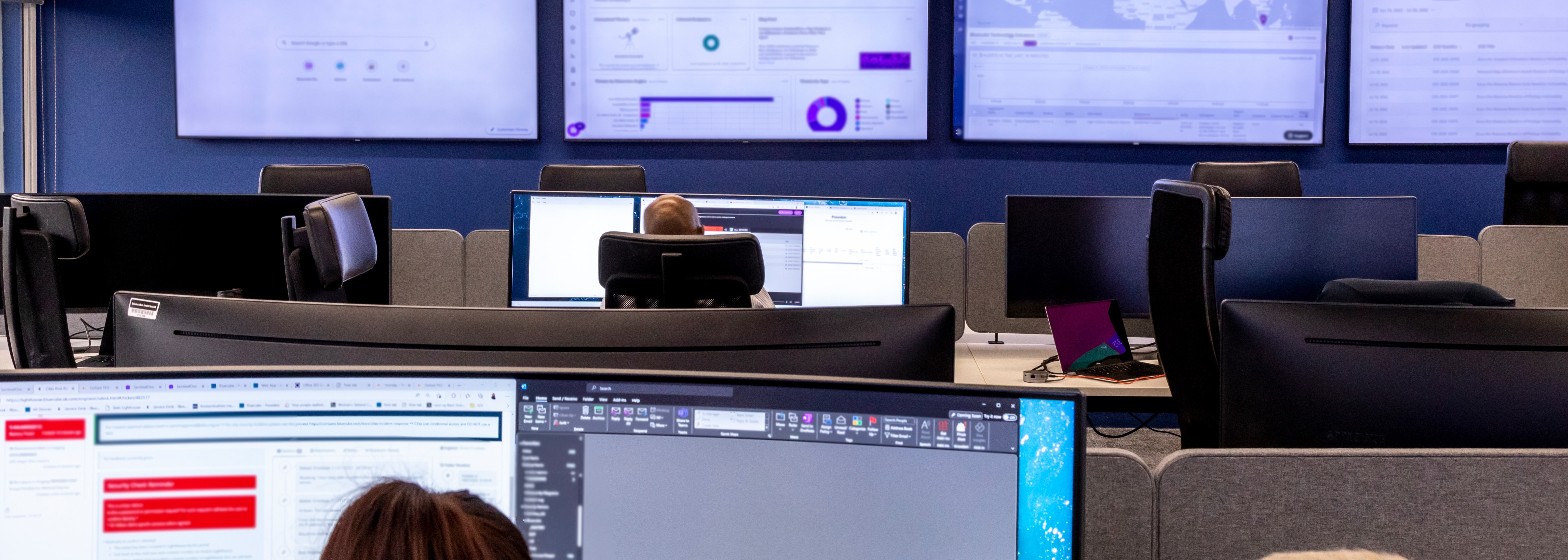 Security operations team working monitoring screens 