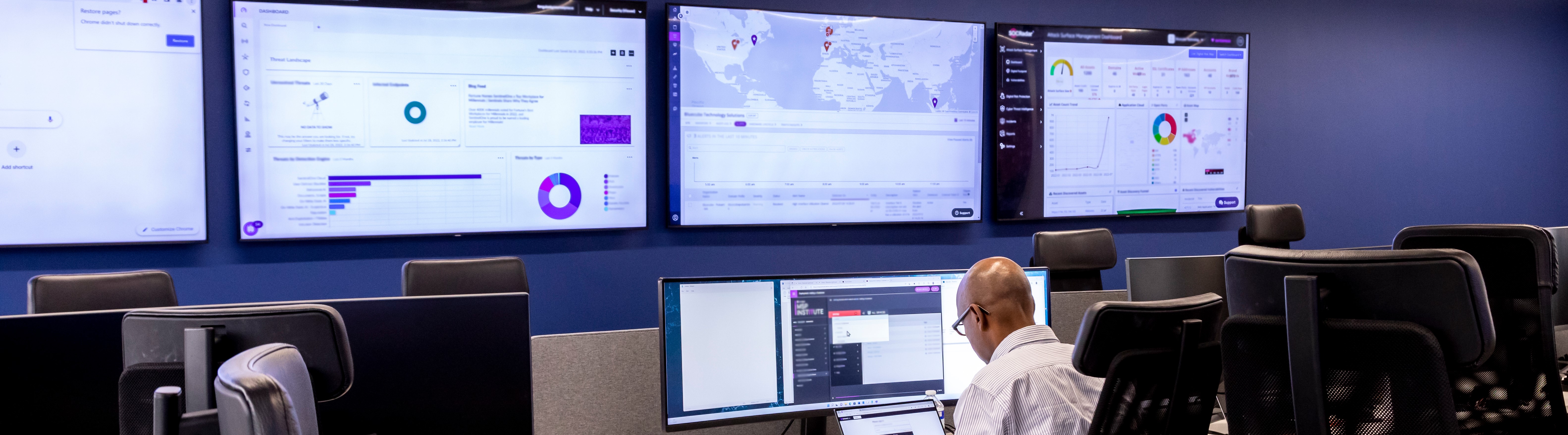 Security operations worker in front of multiple screens