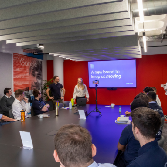 internal launch rebranding presentation with Cygnus and Bluecube's Marketing Director