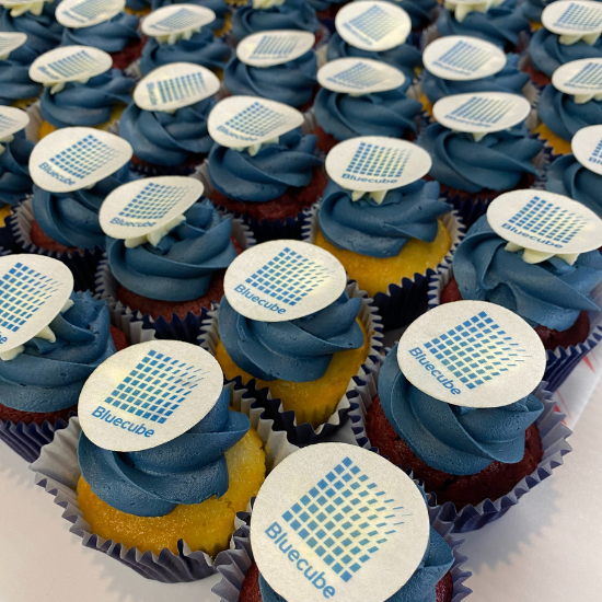 red velvet and vanilla flavoured cupcakes with blue frosting and the new bluecube logo